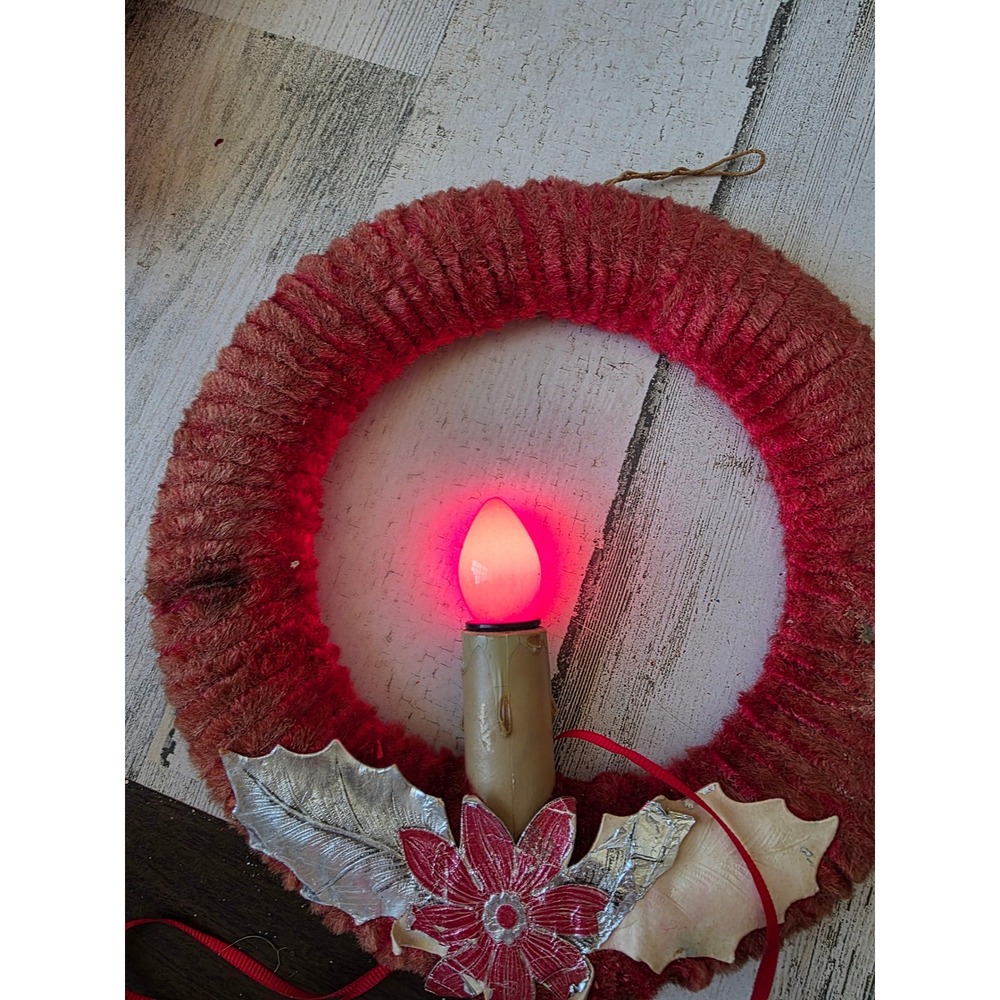 Vintage chenille wreath poinsettia hanging Xmas decor red